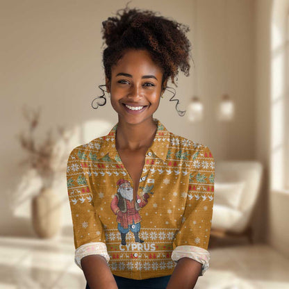 Cyprus Christmas Women Casual Shirt Santa Holding Doves Olive Branch Snowflakes - African Pride