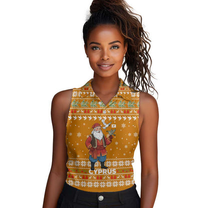 Cyprus Christmas Women Sleeveless Polo Shirt Santa Holding Doves Olive Branch Snowflakes - African Pride