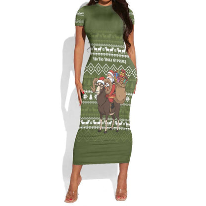 Cyprus Christmas Short Sleeve Bodycon Dress Santa Riding Ram Ho Ho Holy Cyprus - African Pride