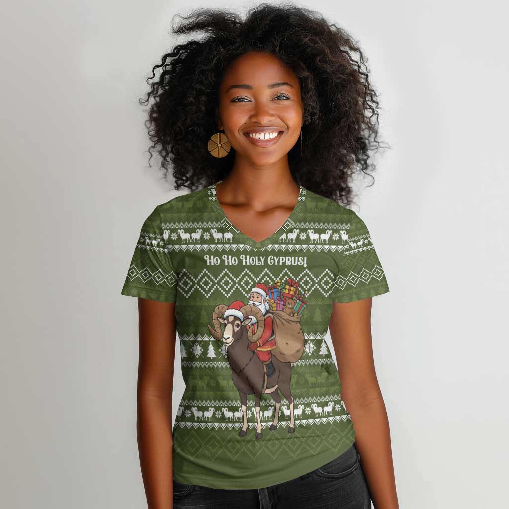 Cyprus Christmas Women V-Neck T-Shirt Santa Riding Ram Ho Ho Holy Cyprus - African Pride
