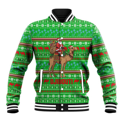 Djibouti Christmas Baseball Jacket Santa Riding Camel Palm Trees Camel - African Pride