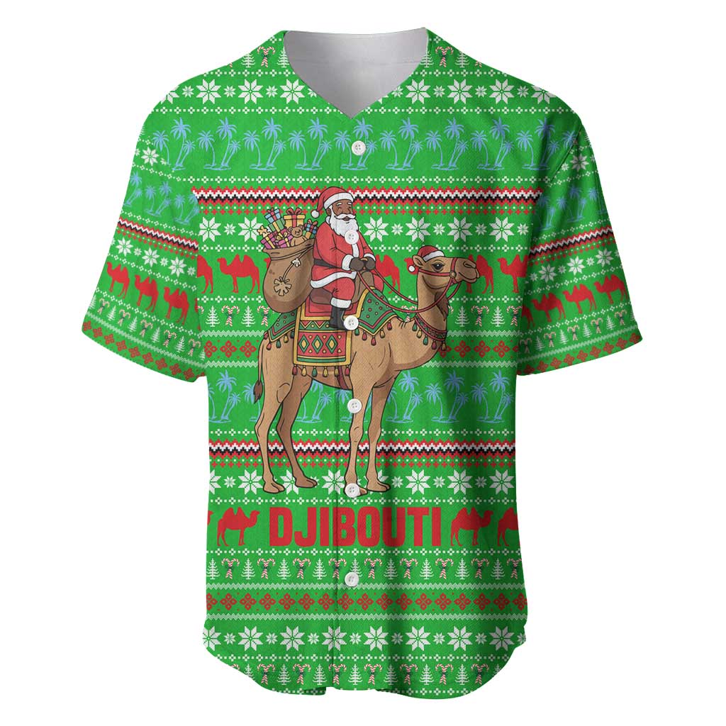 Djibouti Christmas Baseball Jersey Santa Riding Camel Palm Trees Camel - African Pride