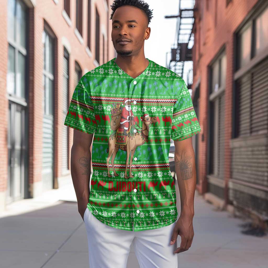 Djibouti Christmas Baseball Jersey Santa Riding Camel Palm Trees Camel - African Pride