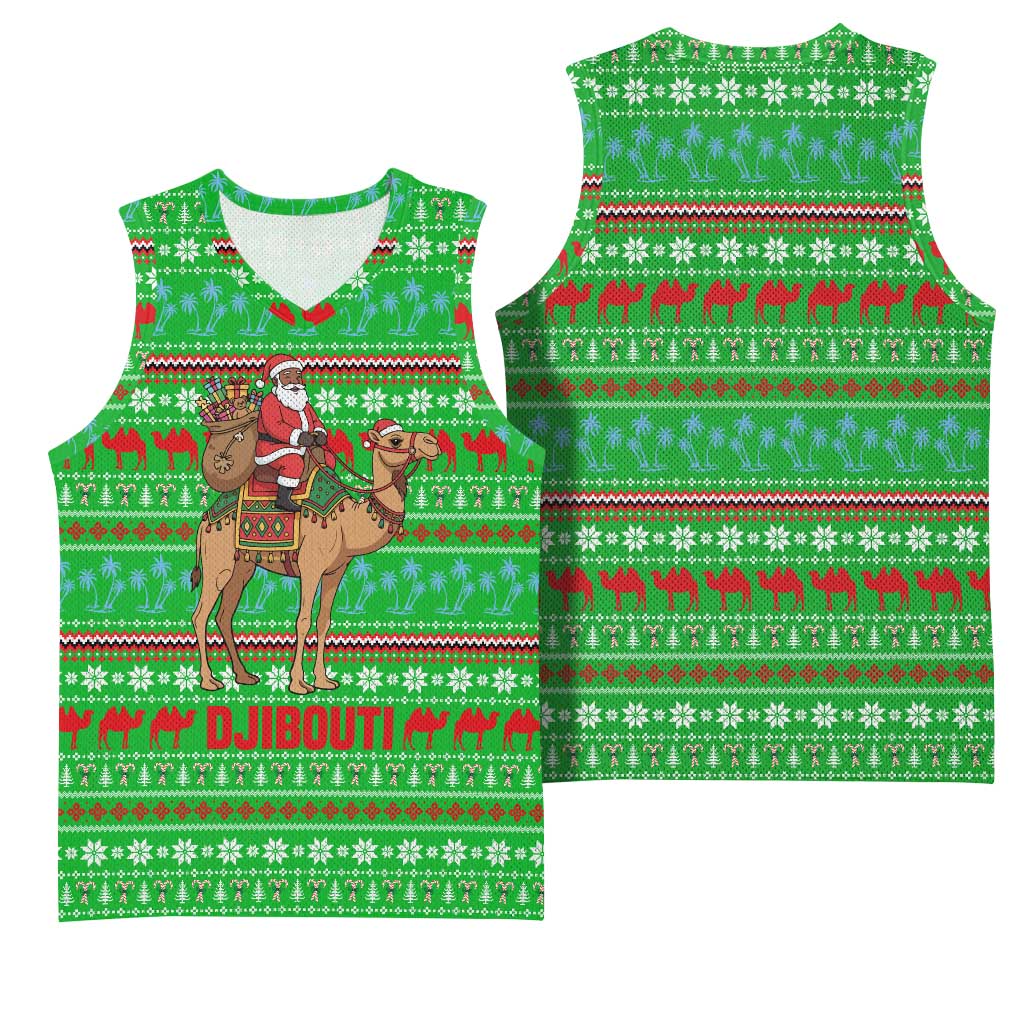 Djibouti Christmas Basketball Jersey Santa Riding Camel Palm Trees Camel - African Pride
