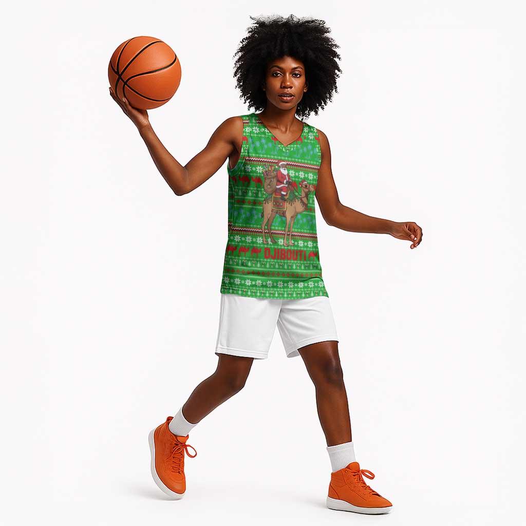 Djibouti Christmas Basketball Jersey Santa Riding Camel Palm Trees Camel - African Pride