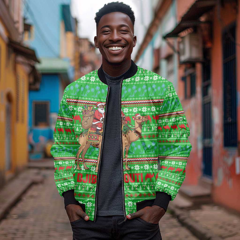 Djibouti Christmas Bomber Jacket Santa Riding Camel Palm Trees Camel - African Pride