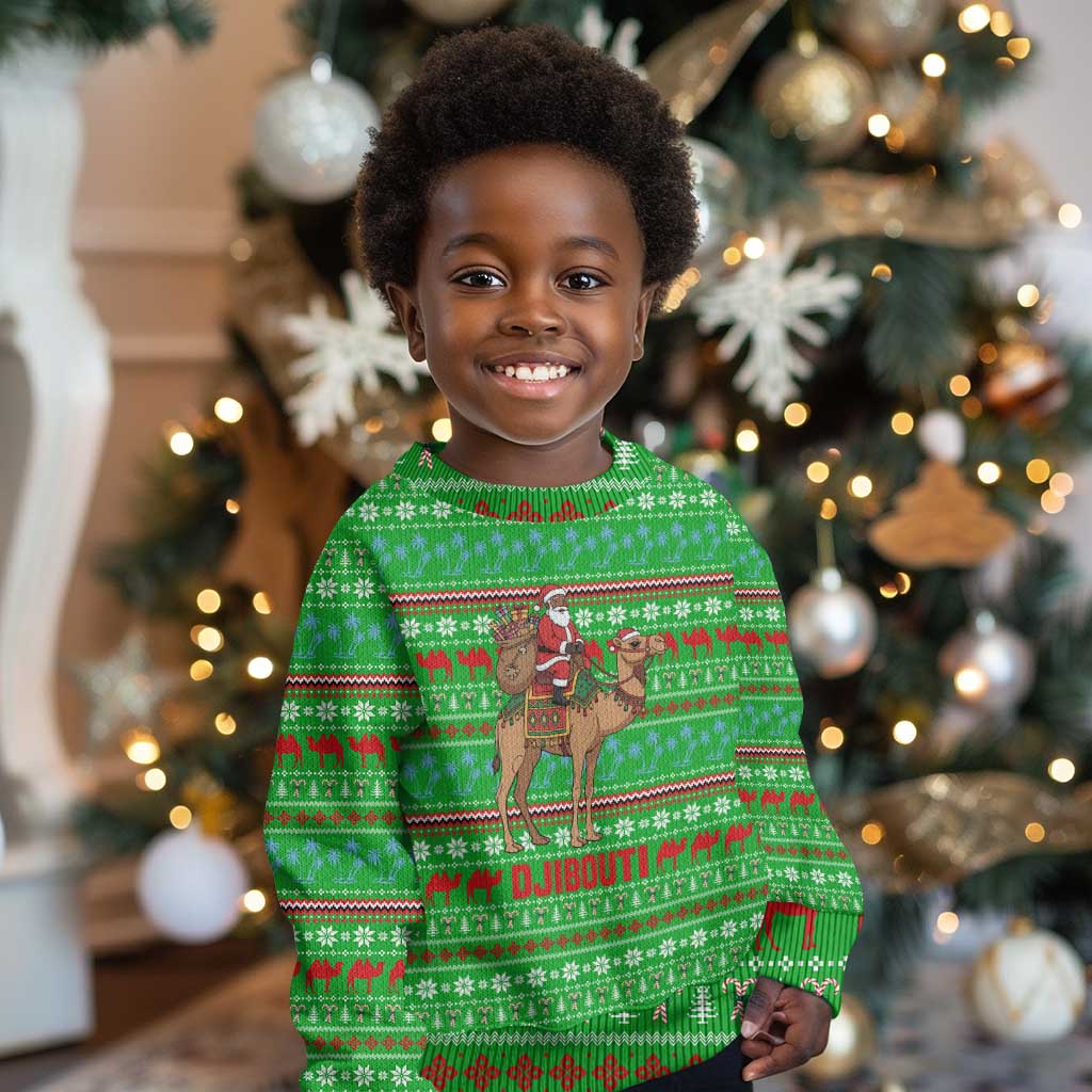 Djibouti Christmas Kid Ugly Christmas Sweater Santa Riding Camel Palm Trees Camel - African Pride