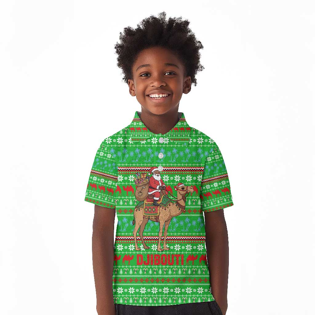 Djibouti Christmas Kid Polo Shirt Santa Riding Camel Palm Trees Camel - African Pride