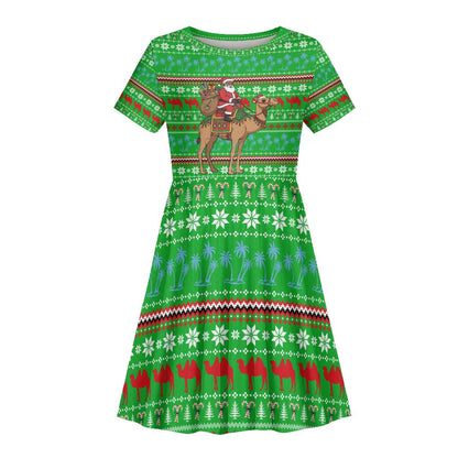 Djibouti Christmas Kid Short Sleeve Dress Santa Riding Camel Palm Trees Camel - African Pride