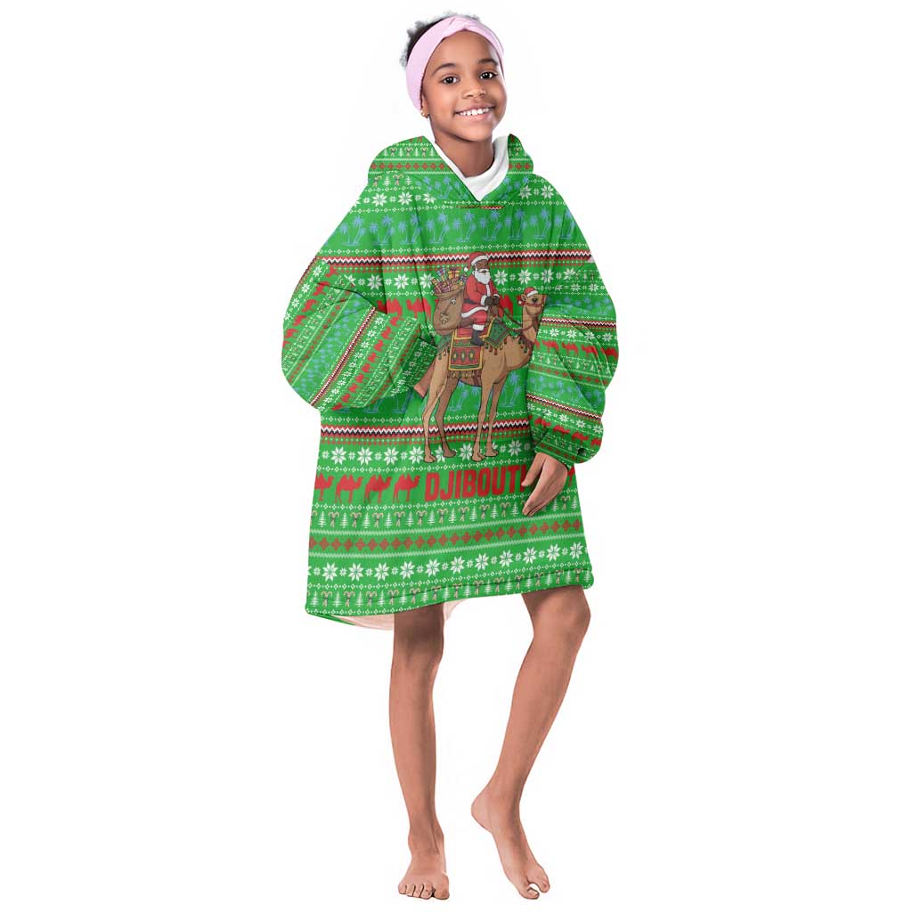 Djibouti Christmas Kid Wearable Blanket Hoodie Santa Riding Camel Palm Trees Camel - African Pride