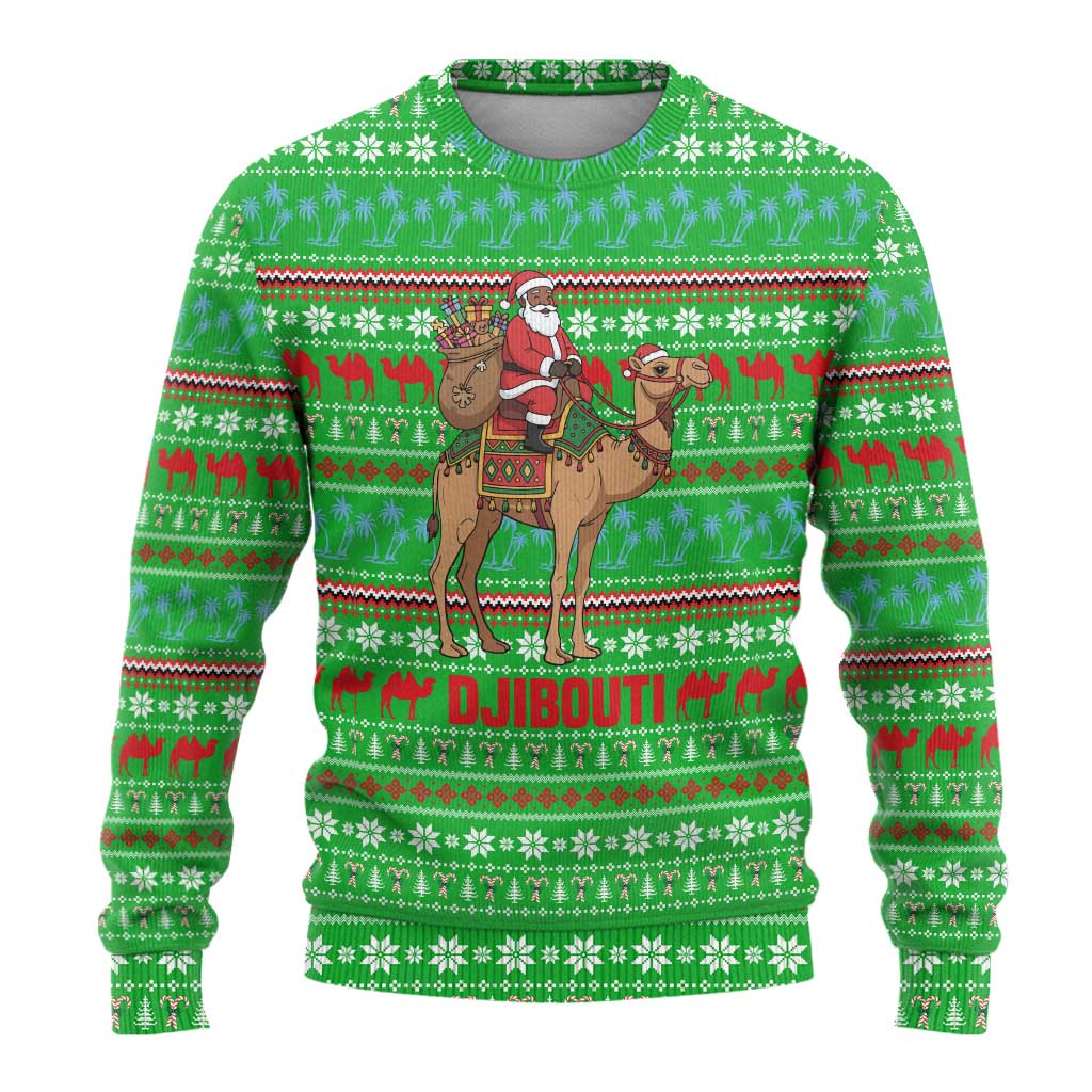 Djibouti Christmas Ugly Christmas Sweater Santa Riding Camel Palm Trees Camel - African Pride