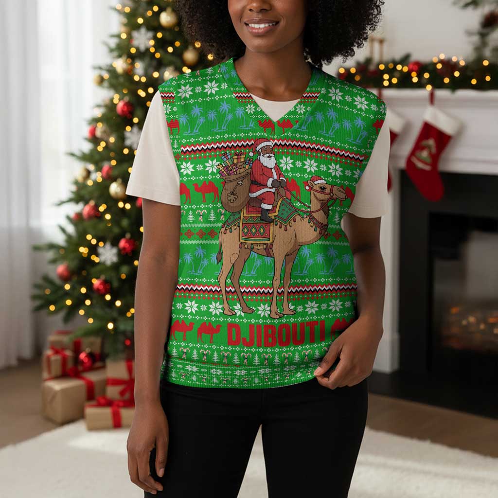 Djibouti Christmas Knitted V-Neck Vest Santa Riding Camel Palm Trees Camel - African Pride