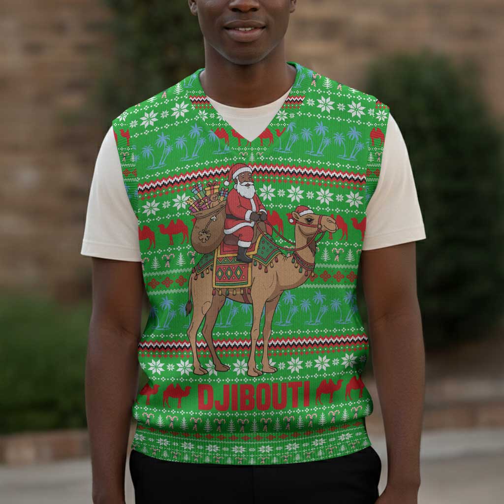 Djibouti Christmas Knitted V-Neck Vest Santa Riding Camel Palm Trees Camel - African Pride