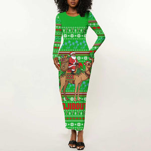Djibouti Christmas Long Sleeve Bodycon Dress Santa Riding Camel Palm Trees Camel - African Pride