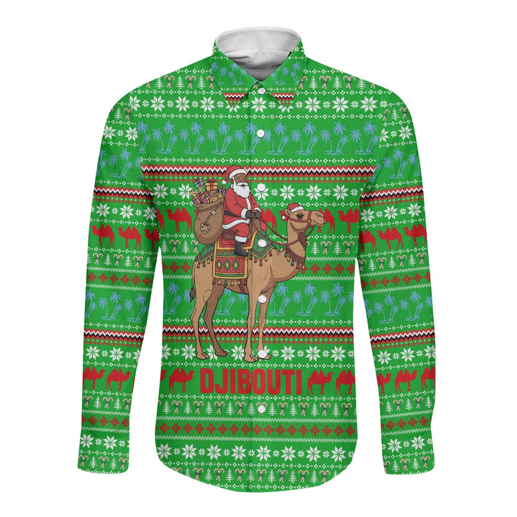 Djibouti Christmas Long Sleeve Button Shirt Santa Riding Camel Palm Trees Camel - African Pride