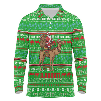 Djibouti Christmas Long Sleeve Polo Shirt Santa Riding Camel Palm Trees Camel - African Pride