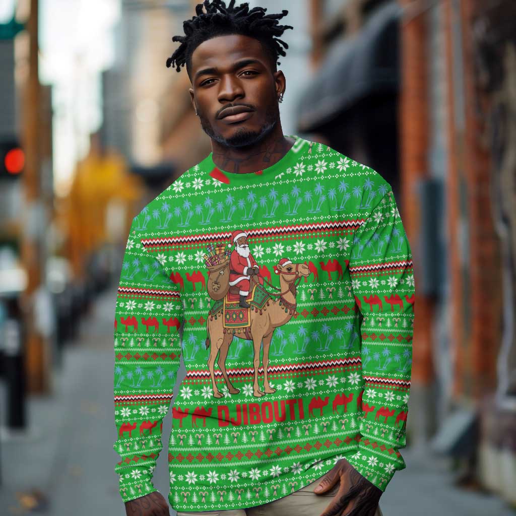 Djibouti Christmas Long Sleeve Shirt Santa Riding Camel Palm Trees Camel - African Pride