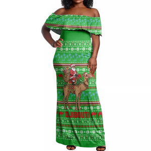 Djibouti Christmas Off Shoulder Maxi Dress Santa Riding Camel Palm Trees Camel - African Pride
