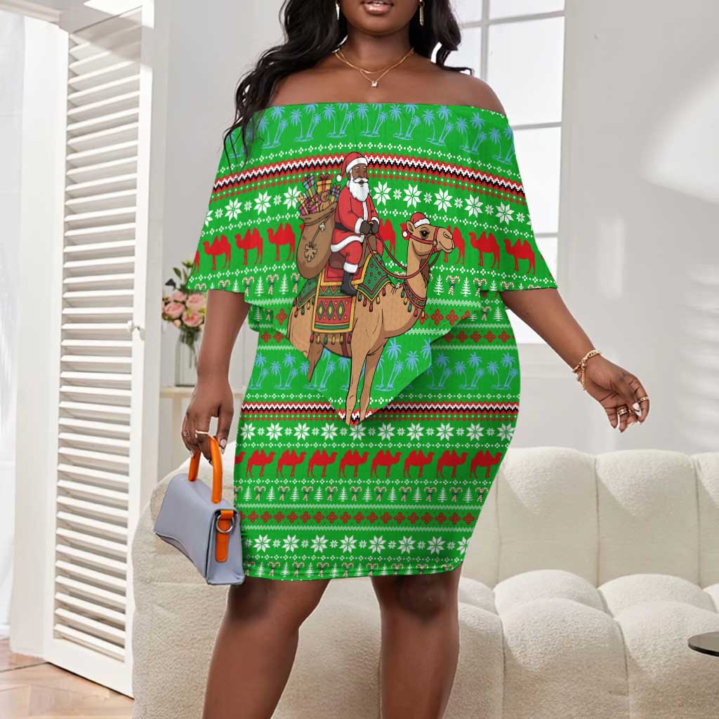 Djibouti Christmas Off Shoulder Short Dress Santa Riding Camel Palm Trees Camel - African Pride