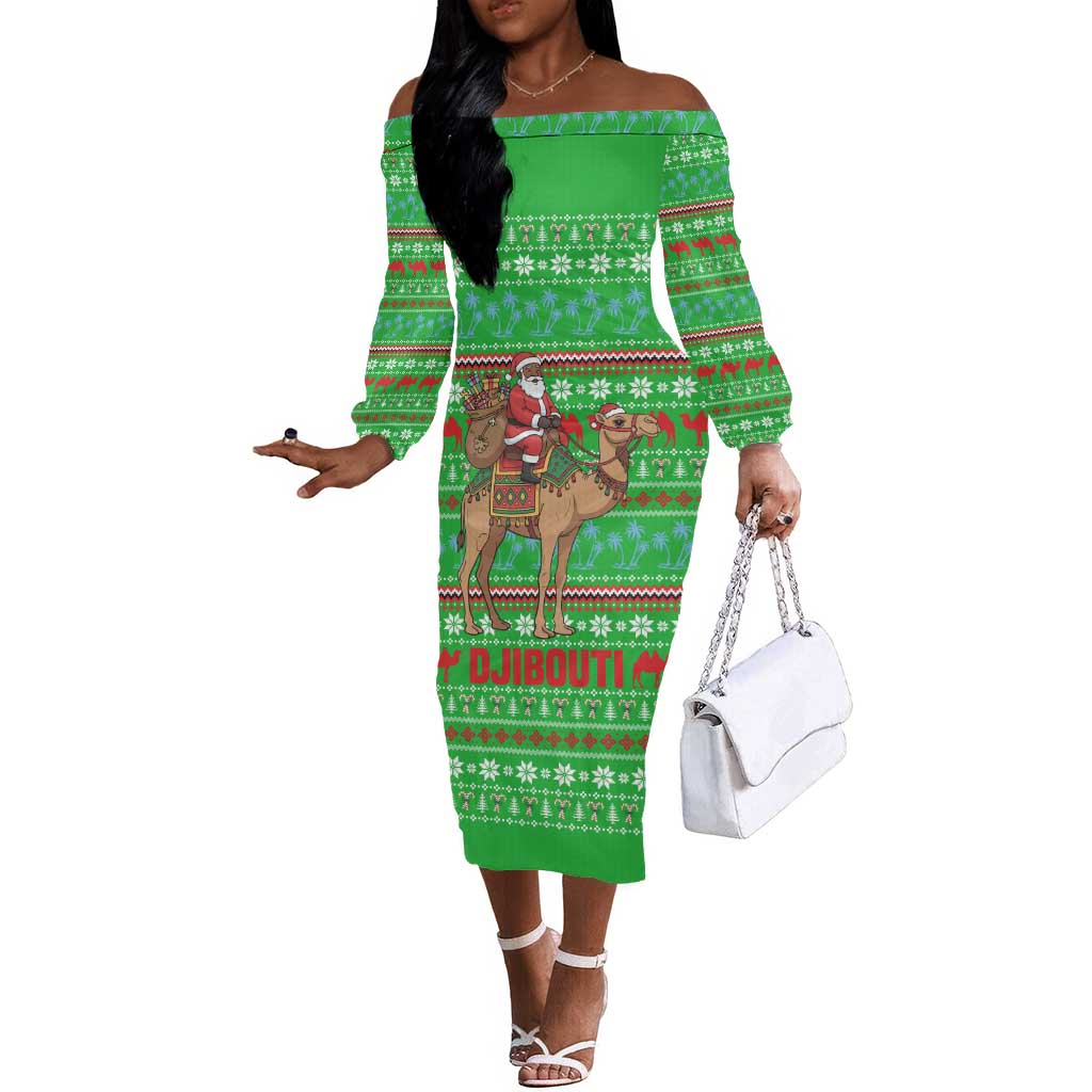 Djibouti Christmas Off The Shoulder Long Sleeve Dress Santa Riding Camel Palm Trees Camel - African Pride