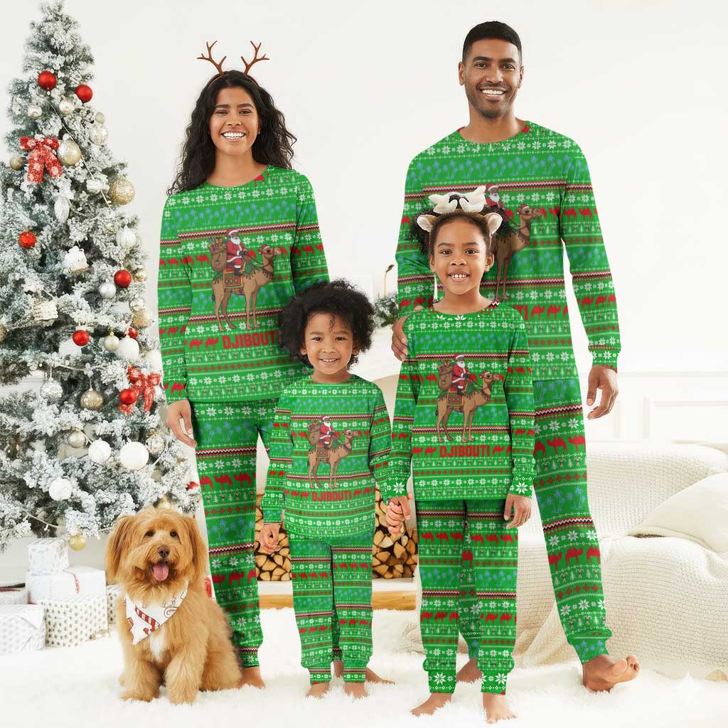 Djibouti Christmas Pajama Set Santa Riding Camel Palm Trees Camel - African Pride