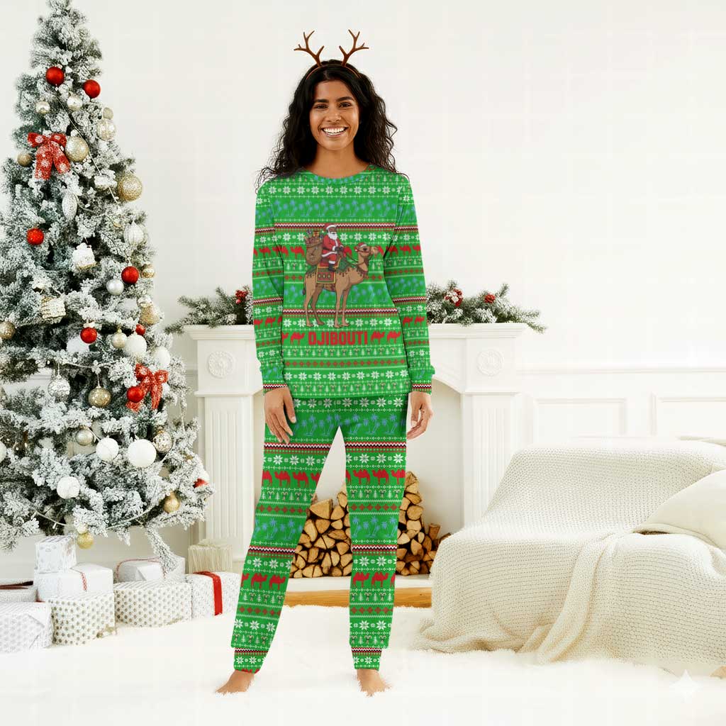 Djibouti Christmas Pajama Set Santa Riding Camel Palm Trees Camel - African Pride