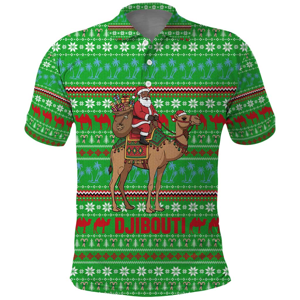 Djibouti Christmas Polo Shirt Santa Riding Camel Palm Trees Camel - African Pride