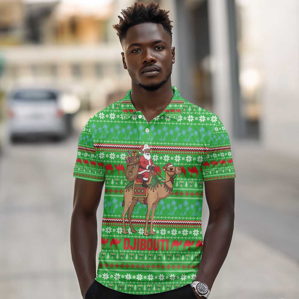 Djibouti Christmas Polo Shirt Santa Riding Camel Palm Trees Camel - African Pride