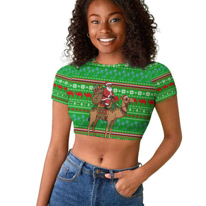 Djibouti Christmas Raglan Cropped T shirt Santa Riding Camel Palm Trees Camel - African Pride