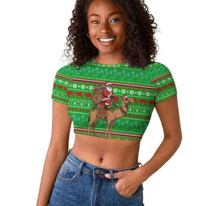 Djibouti Christmas Raglan Cropped T shirt Santa Riding Camel Palm Trees Camel - African Pride