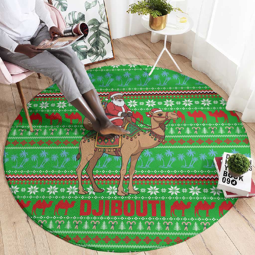 Djibouti Christmas Round Carpet Santa Riding Camel Palm Trees Camel - African Pride