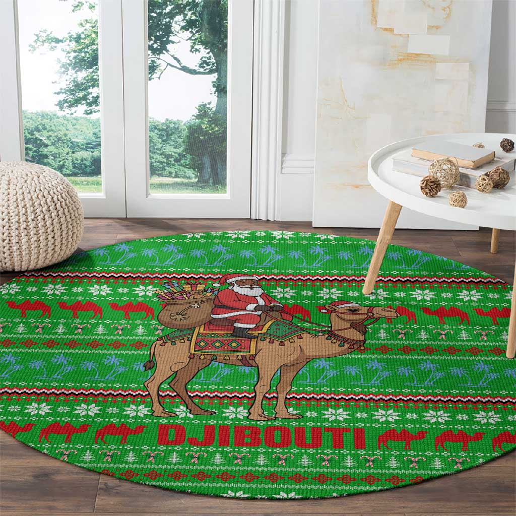 Djibouti Christmas Round Carpet Santa Riding Camel Palm Trees Camel - African Pride