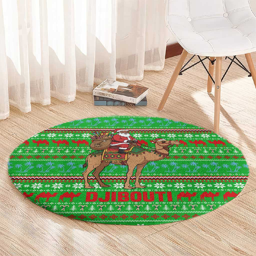 Djibouti Christmas Round Carpet Santa Riding Camel Palm Trees Camel - African Pride