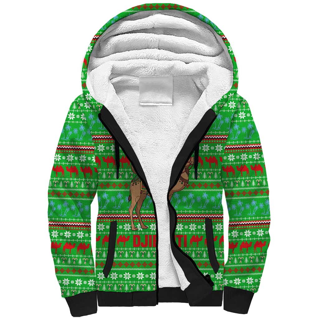 Djibouti Christmas Sherpa Hoodie Santa Riding Camel Palm Trees Camel - African Pride