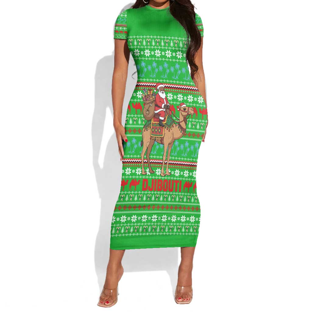 Djibouti Christmas Short Sleeve Bodycon Dress Santa Riding Camel Palm Trees Camel - African Pride