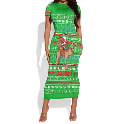 Djibouti Christmas Short Sleeve Bodycon Dress Santa Riding Camel Palm Trees Camel - African Pride