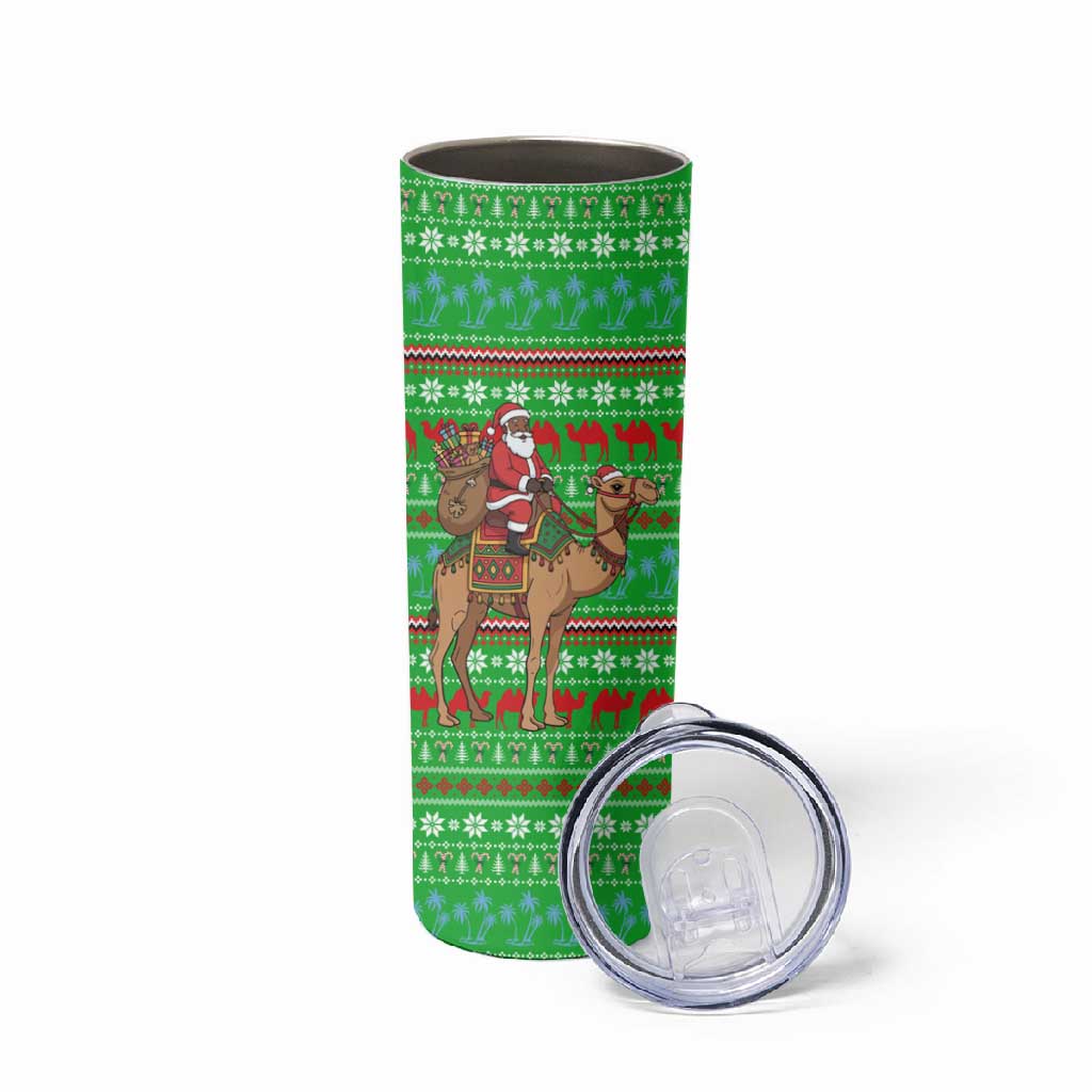 Djibouti Christmas Skinny Tumbler Santa Riding Camel Palm Trees Camel - African Pride