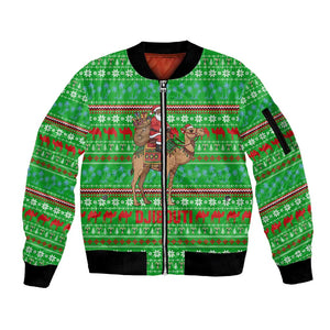 Djibouti Christmas Sleeve Zip Bomber Jacket Santa Riding Camel Palm Trees Camel - African Pride