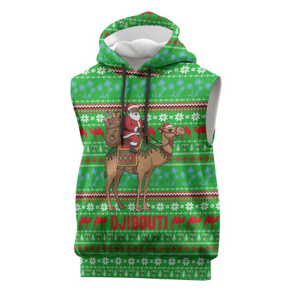 Djibouti Christmas Sleeveless Hoodie Santa Riding Camel Palm Trees Camel - African Pride