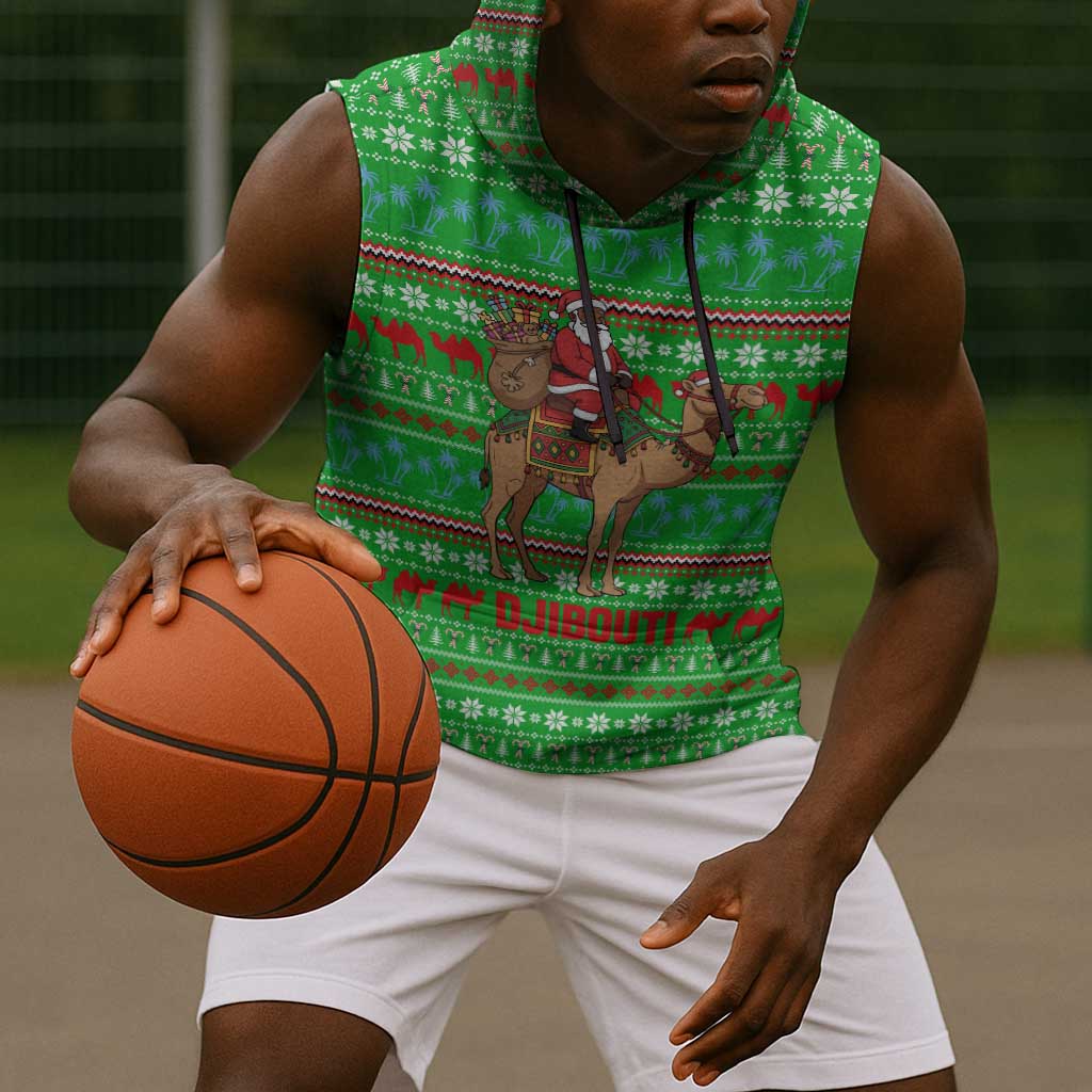 Djibouti Christmas Sleeveless Hoodie Santa Riding Camel Palm Trees Camel - African Pride