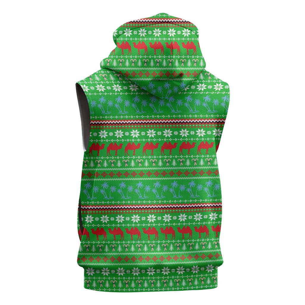 Djibouti Christmas Sleeveless Zip Hoodie Santa Riding Camel Palm Trees Camel - African Pride
