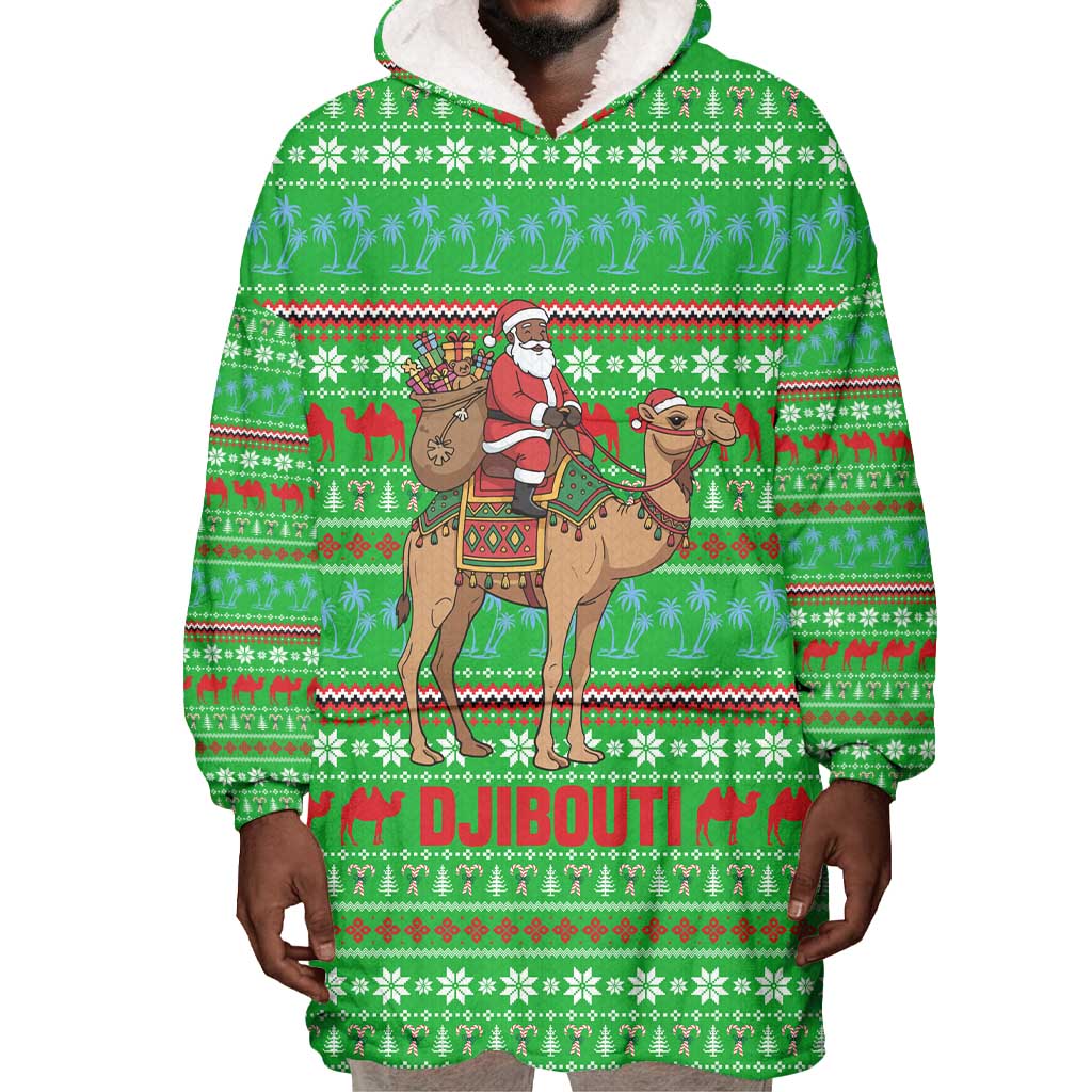 Djibouti Christmas Wearable Blanket Hoodie Santa Riding Camel Palm Trees Camel - African Pride