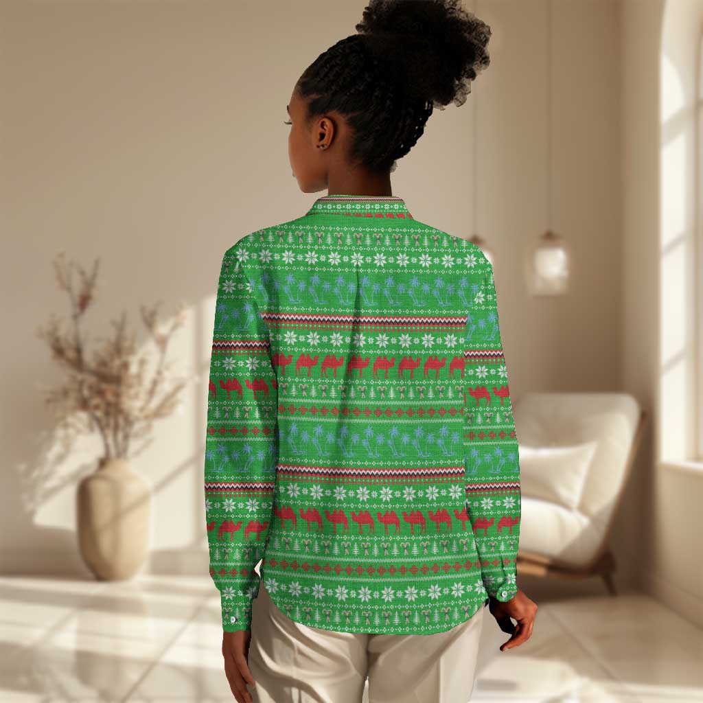 Djibouti Christmas Women Casual Shirt Santa Riding Camel Palm Trees Camel - African Pride