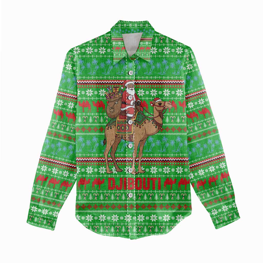 Djibouti Christmas Women Casual Shirt Santa Riding Camel Palm Trees Camel - African Pride