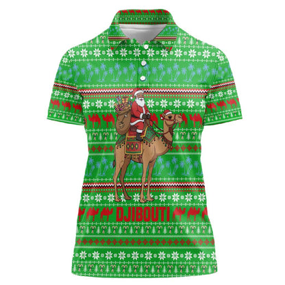 Djibouti Christmas Women Polo Shirt Santa Riding Camel Palm Trees Camel - African Pride