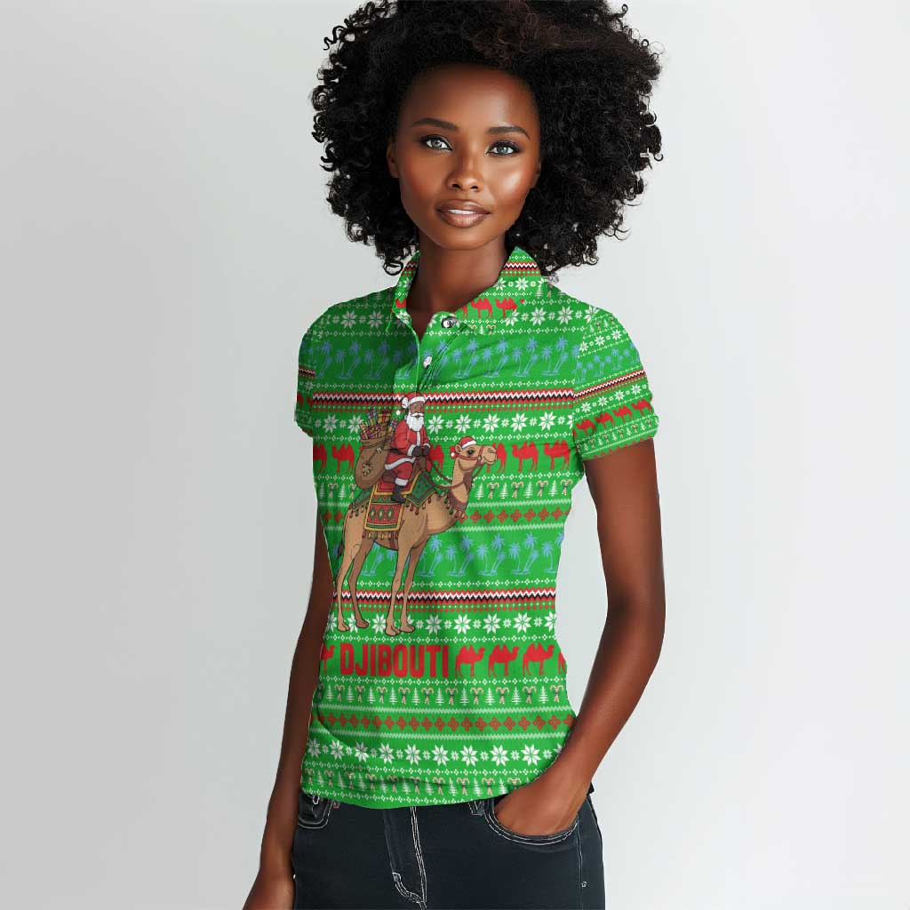 Djibouti Christmas Women Polo Shirt Santa Riding Camel Palm Trees Camel - African Pride