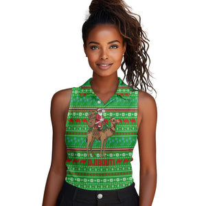Djibouti Christmas Women Sleeveless Polo Shirt Santa Riding Camel Palm Trees Camel - African Pride
