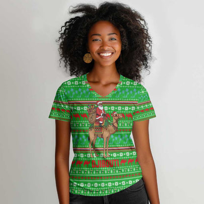 Djibouti Christmas Women V-Neck T-Shirt Santa Riding Camel Palm Trees Camel - African Pride
