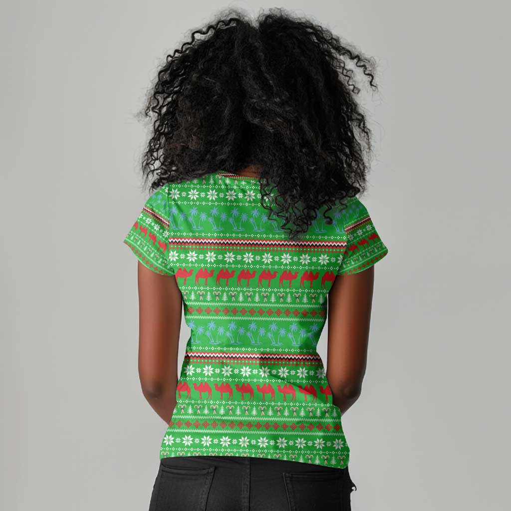 Djibouti Christmas Women V-Neck T-Shirt Santa Riding Camel Palm Trees Camel - African Pride