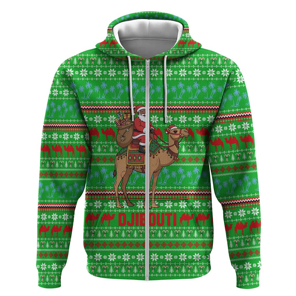 Djibouti Christmas Zip Hoodie Santa Riding Camel Palm Trees Camel - African Pride